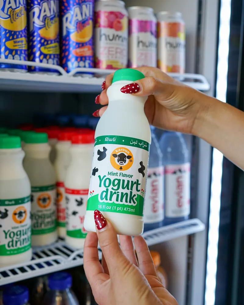 A mint yogurt drink from the drinks fridge