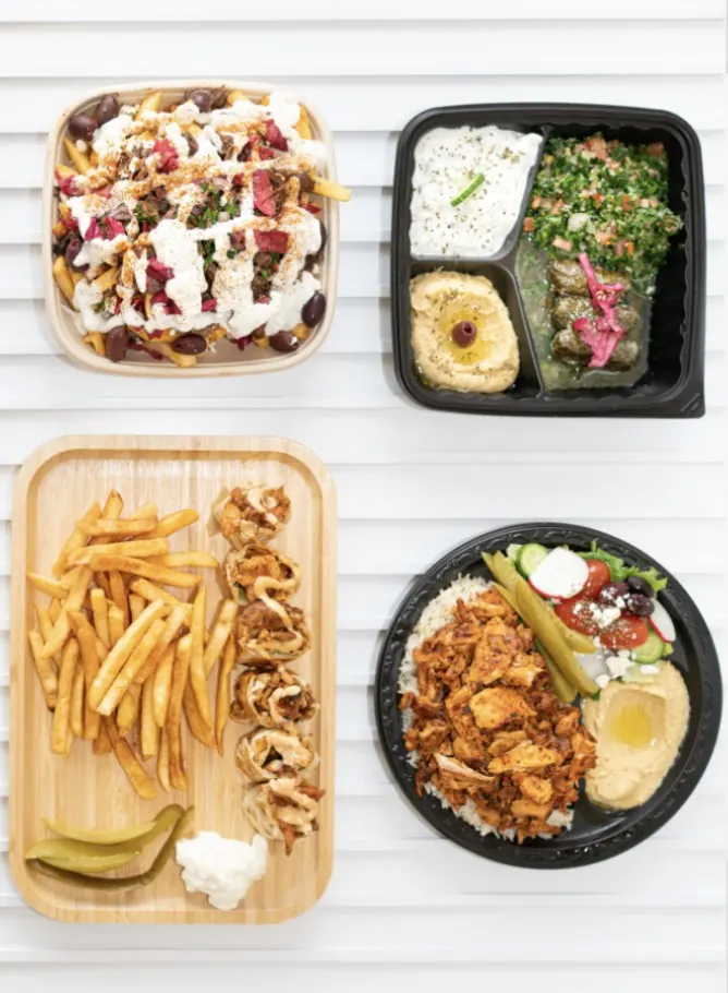 Loaded fries, a dip tray, shawarma bites and a chicken shawarma bowl, shot from above